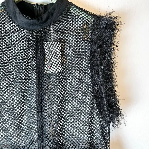 Posh Shoppe Sheer Feather Sleeve High Neck Full Mesh Black Dress,  1X, NWT - Picture 5 of 11